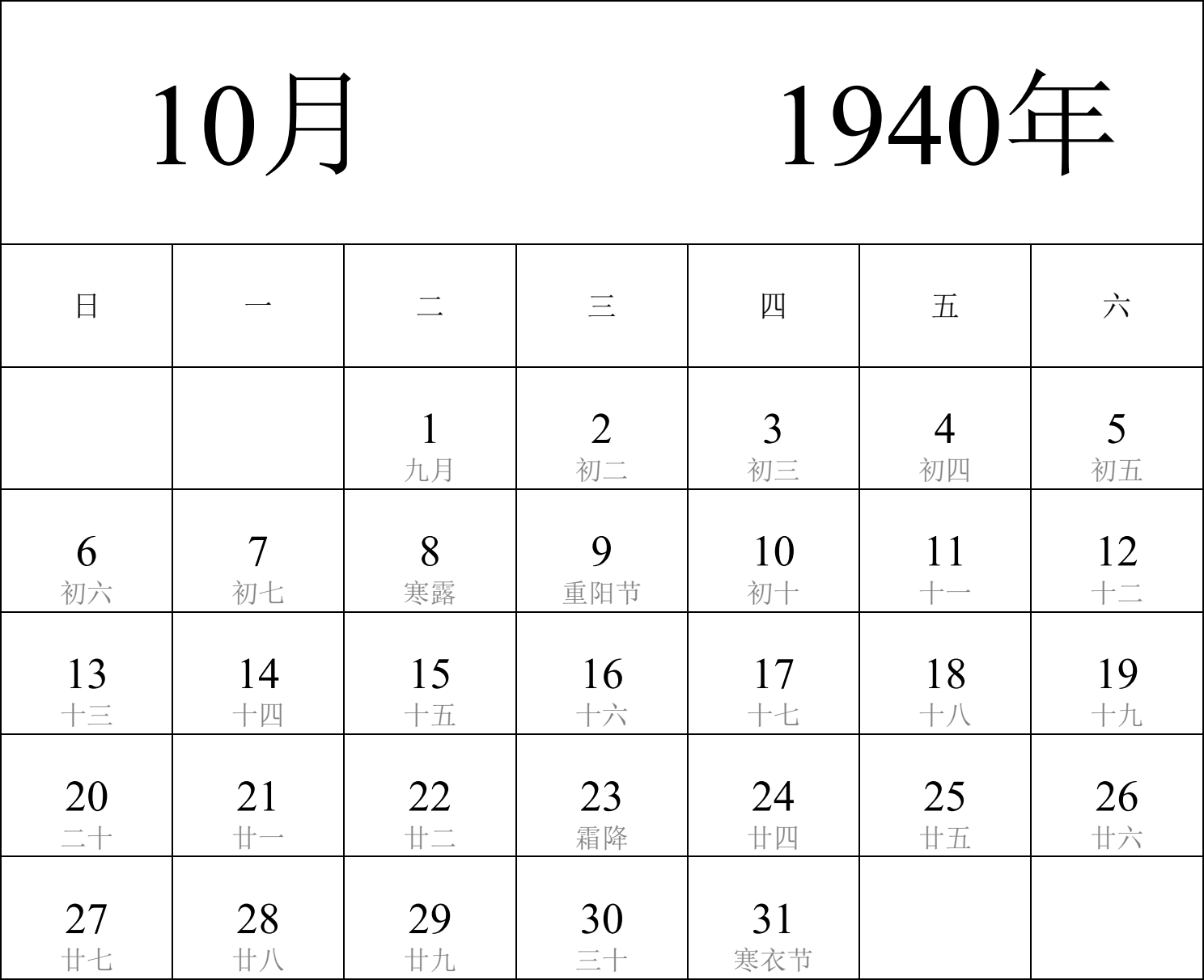 日历表1940年日历 中文版 纵向排版 周日开始 带农历